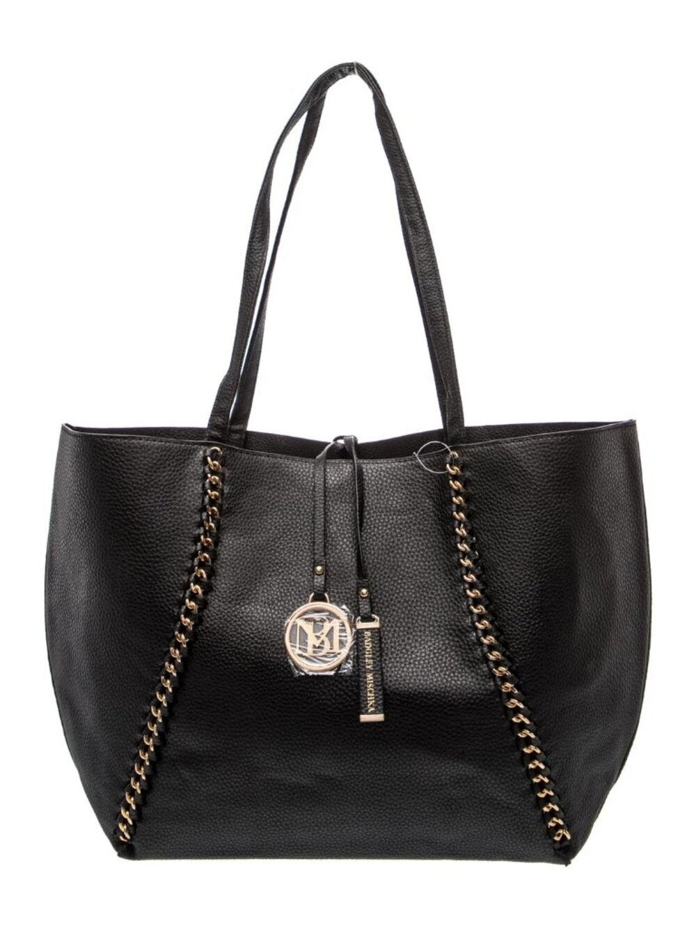 Badgley Mischka Decorative Chain Tote Bag Black Pebbled Vegan Leather NWT